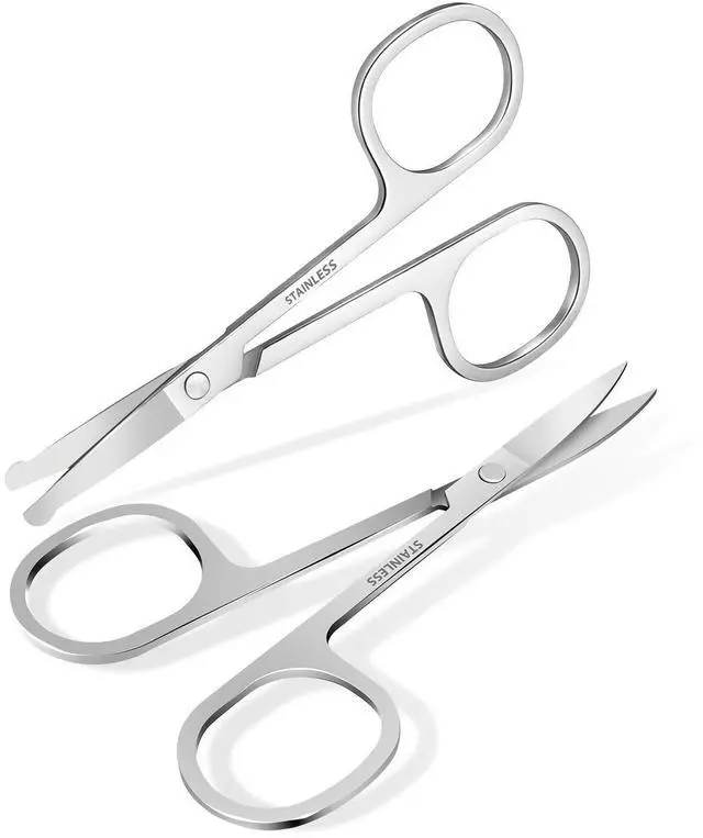 Main image of 2 Pack Facial Hair Grooming Scissors, Small Nose Scissor, Professional Trimming Mini Stainless Steel, Curved Rounded Pointed Scissor for Eyebrows, Nose, Mustache, Beard, Eyelashes-Silver