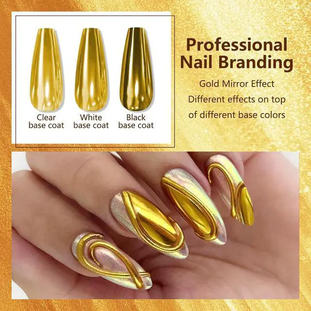Alt view image 6 of 6 - Holographic Mirror Gold Chrome Nail Powder Glitters Effect Metallic Dust Sequins UV Gel Gold Nail Chrome Powder Pigment for Nail Art Decoration