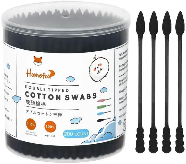 Main image of Black Cotton Swabs Spiral Pointed - 200 Count Organic Cotton Buds Charcoal Gothic Double Side Tightly Wrapped Precision Cotton Tips Paper Stick Soft Gentle Lint-Free, Spiral & Pointy (Black)