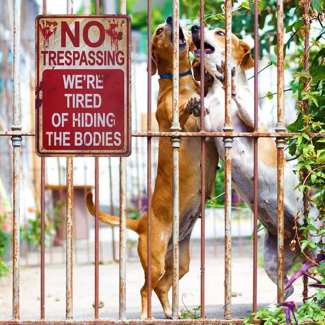 Alt view image 4 of 7 - No Trespassing We're Tired of Hiding the Bodies Halloween Metal Tin Sign Retro Funny Decoration