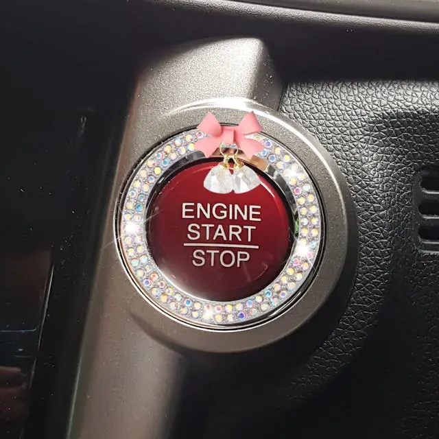 Main image of Bling Diamond Car Engine Start Stop Button Decoration Ring - Crystal Rhinestone Push to Start Button Cover with Cute Bow - Key Ignition Knob Starter Sticker for Women (Co