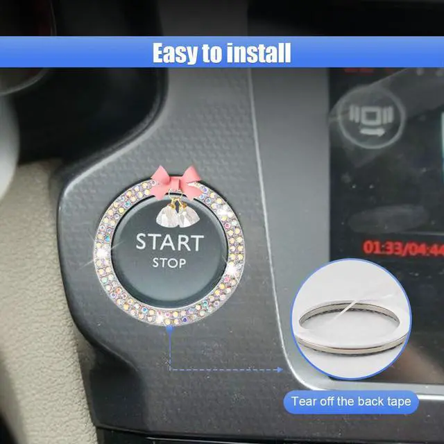 Alt view image 6 of 6 - Bling Diamond Car Engine Start Stop Button Decoration Ring - Crystal Rhinestone Push to Start Button Cover with Cute Bow - Key Ignition Knob Starter Sticker for Women (Co