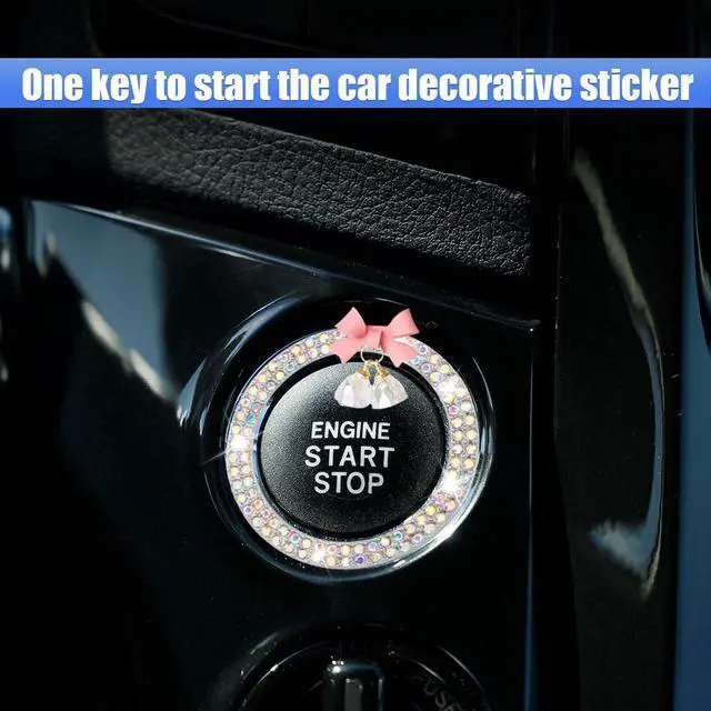 Alt view image 3 of 6 - Bling Diamond Car Engine Start Stop Button Decoration Ring - Crystal Rhinestone Push to Start Button Cover with Cute Bow - Key Ignition Knob Starter Sticker for Women (Co
