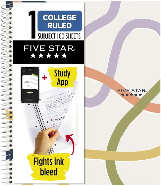 Main image of Five Star 820233F Spiral Notebook with Study App, 1 Subject, College Ruled, 8.5" x 11", 80 Sheets, Water Resistant Covers, Fights Ink Bleed, Organic Lines
