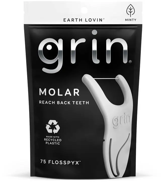 Main image of GRIN Molar Flosspyx 75 Count Minty Flavor Recycled Plastic Floss Picks for Reaching Back Teeth Slide Easily between Teeth Includes Safe Soft Fold-Back Tooth Pick