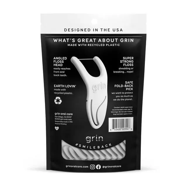Alt view image 2 of 6 - GRIN Molar Flosspyx 75 Count Minty Flavor Recycled Plastic Floss Picks for Reaching Back Teeth Slide Easily between Teeth Includes Safe Soft Fold-Back Tooth Pick