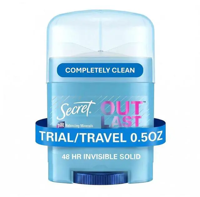 Main image of Secret Outlast Antiperspirant Deodorant for Women, 72hr Sweat & Odor Protection, Invisible Solid, Completely Clean Scent, Travel Size, 0.5oz, PH Balancing Minerals
