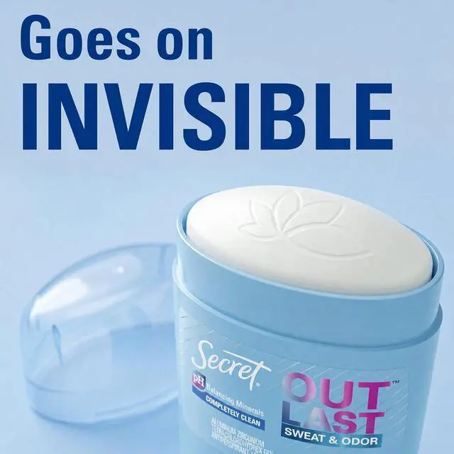 Alt view image 4 of 6 - Secret Outlast Antiperspirant Deodorant for Women, 72hr Sweat & Odor Protection, Invisible Solid, Completely Clean Scent, Travel Size, 0.5oz, PH Balancing Minerals