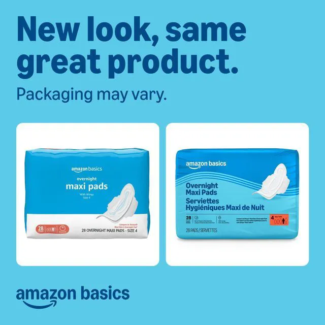 Alt view image 7 of 7 - Thick Maxi Pads with Wings for Periods, Overnight Absorbency, Leak Protection, Super Absorbent, Unscented, Size 4, 28 Count, Packaging May Vary