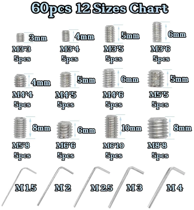 Alt view image 4 of 6 - 60pcs M3 M4 M5 M6 M8 Set Screws, Allen Head, Grub Screws, Stainless Steel, 12 Sizes