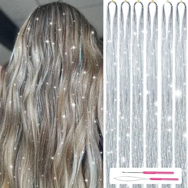 Main image of Hair Tinsel Kit with Tools 48 Inch 1200 Strands Glitter Tinsel Hair Extensions Heat Resistant for Women Girls 6Pcs Silver