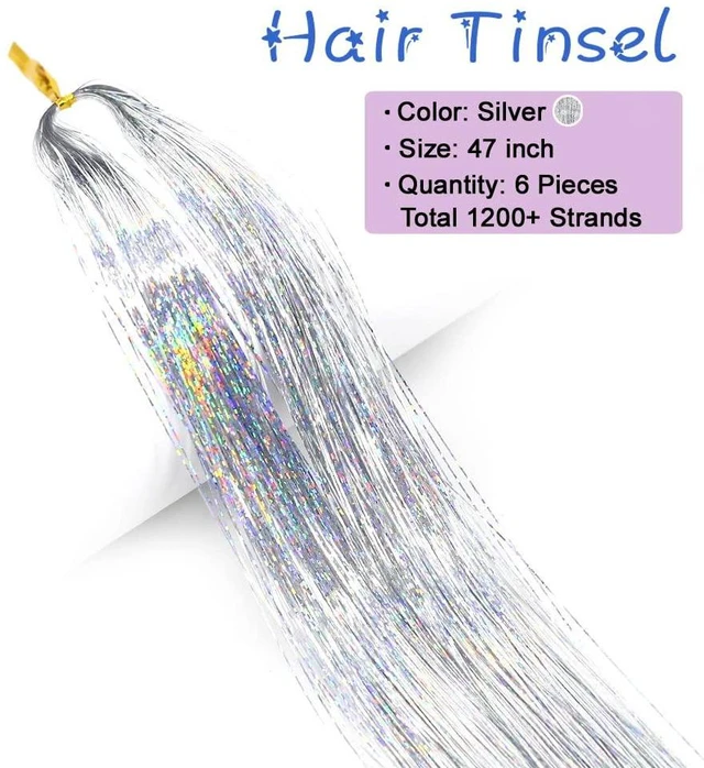 Alt view image 3 of 7 - Hair Tinsel Kit with Tools 48 Inch 1200 Strands Glitter Tinsel Hair Extensions Heat Resistant for Women Girls 6Pcs Silver