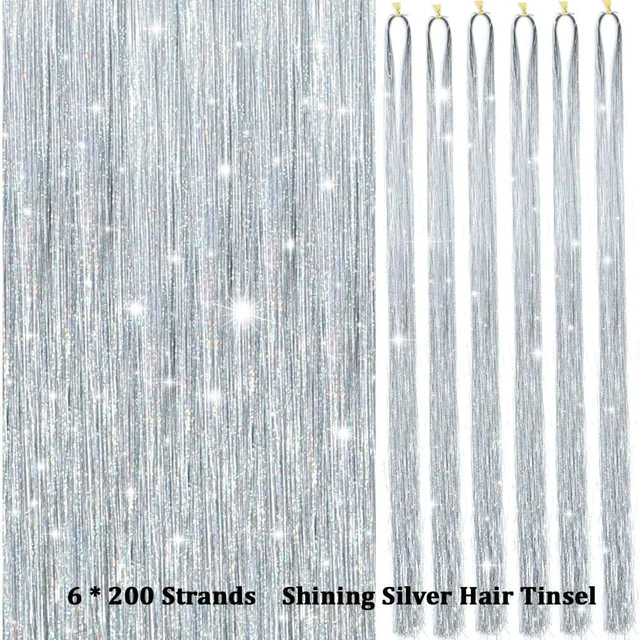 Alt view image 5 of 7 - Hair Tinsel Kit with Tools 48 Inch 1200 Strands Glitter Tinsel Hair Extensions Heat Resistant for Women Girls 6Pcs Silver