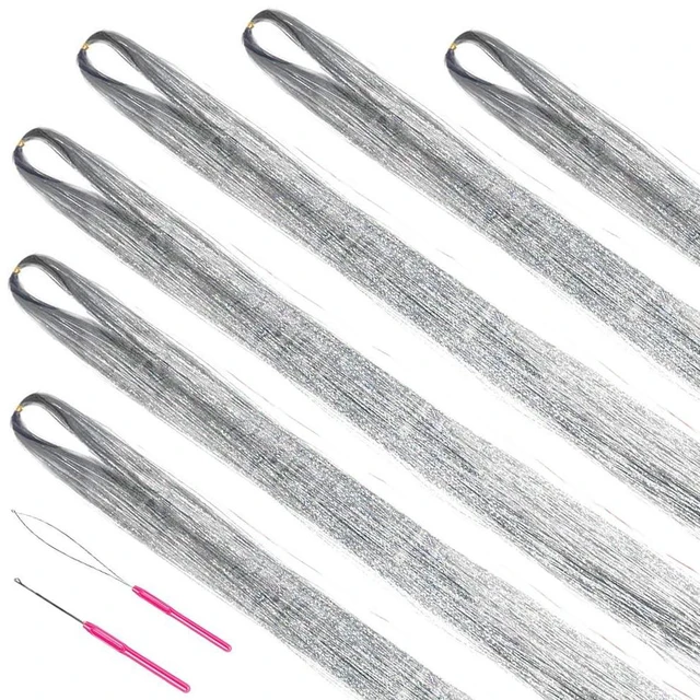 Alt view image 7 of 7 - Hair Tinsel Kit with Tools 48 Inch 1200 Strands Glitter Tinsel Hair Extensions Heat Resistant for Women Girls 6Pcs Silver