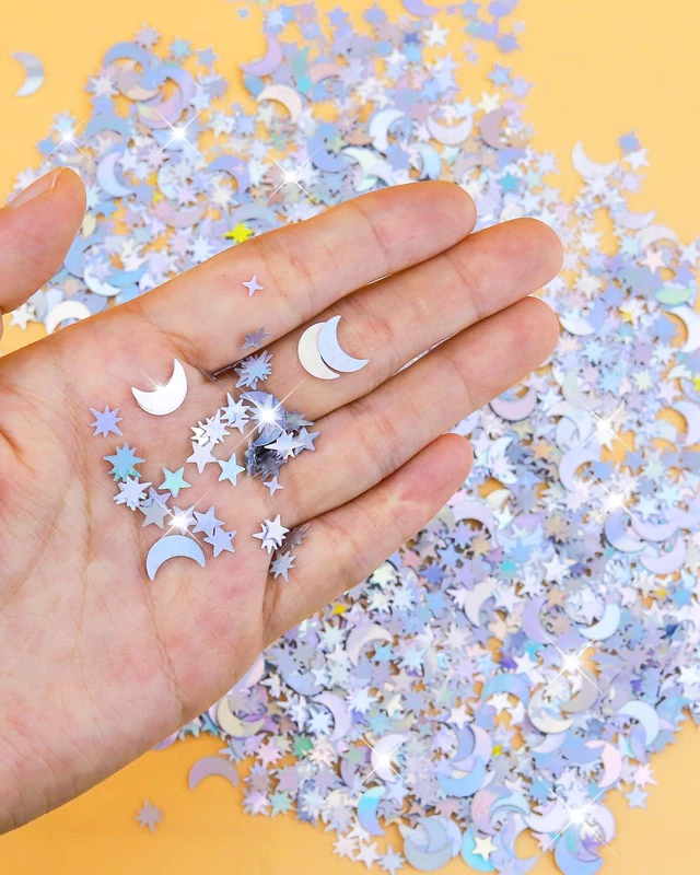 Alt view image 3 of 7 - 4000 Pcs Silver Holographic Metallic Star Glitter Confetti, Holographic Moon for Party Decorations, Wedding, Birthday, Festival, DIY, Unicorn Theme, 10mm