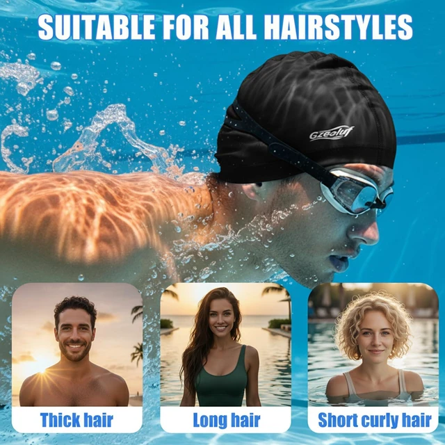 Alt view image 2 of 7 - High Elasticity Fabric Swim Cap, One Size Fits Women, Girls, Men & Kids, Breathable, Keeps Hair Clean for Long and Short Hair