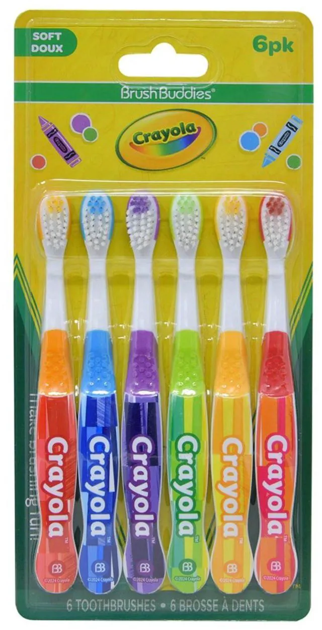 Main image of Brush Buddies Crayola Kids Toothbrush Set 6 Pack Soft Bristle Toddler Toothbrush Ages 2+ Small Head Easy Grip Handle Colorful Design for Daily Use Home Travel