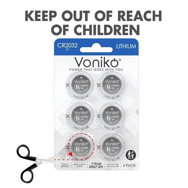Alt view image 6 of 6 - Voniko CR2032 3V Lithium Batteries 6 Pack, Child Safety, Compatible with AirTag, Key Fobs, Thermometers, Scales, 7 Years Shelf Life