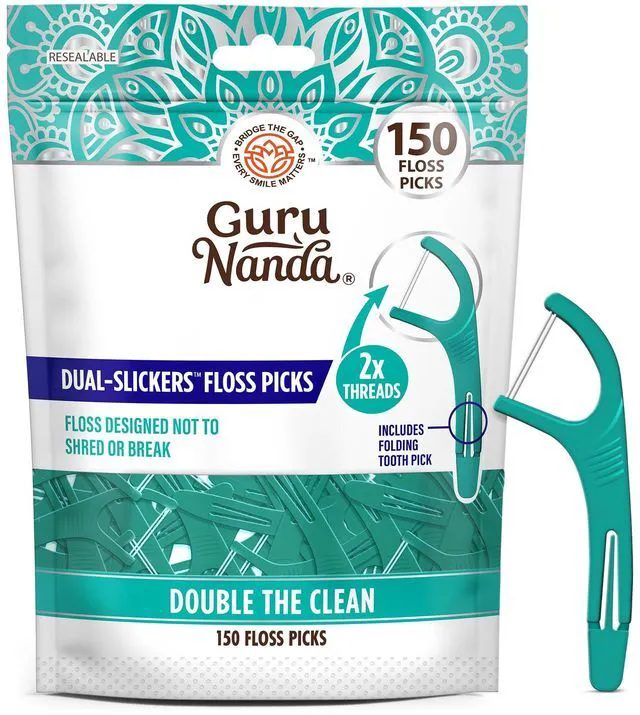 Main image of GuruNanda Dual Slickers Floss Picks - Double Threaded Dyneema Dental Floss with Foldable Toothpick - Unflavored - 150 Count