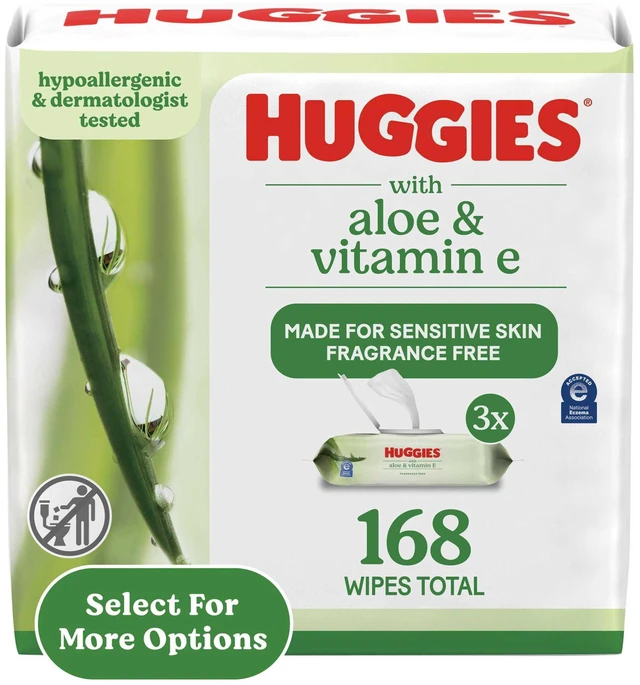 Main image of Huggies Wipes with Aloe & Vitamin E, Unscented, 3 Flip-Top Packs, 168 Count