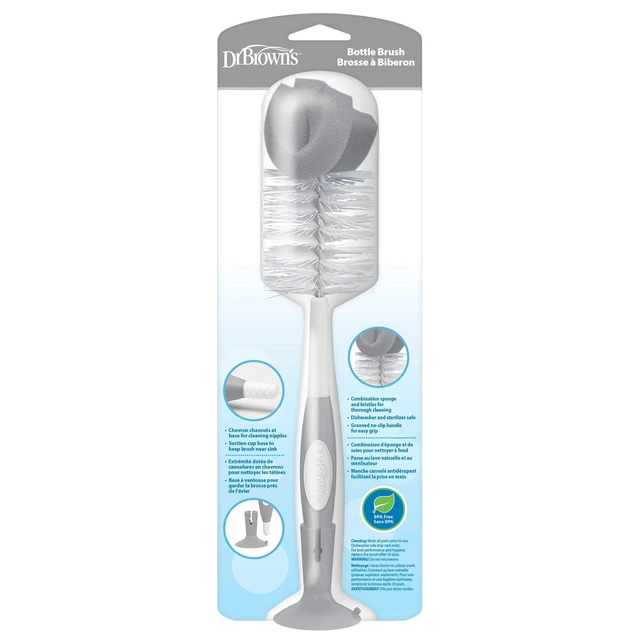 Alt view image 4 of 6 - Dr. Brown's Baby Bottle Brush with Suction Cup Stand, Sponge, Scrubber and Nipple Cleaner, Gray, 1 Pack