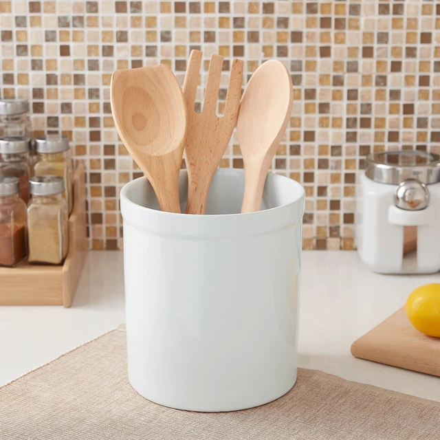 Alt view image 3 of 4 - Mainstays Glazed Stoneware Kitchen Utensil Holder, Ceramic Countertop Crock for Spoons, Spatulas, Cooking Tools, White