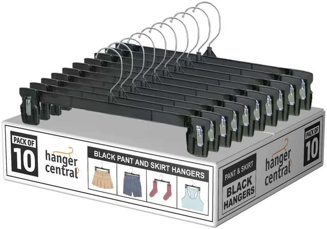 Main image of Hanger Central 10 Pack Black Plastic 12Inch Pants Hangers with Clips