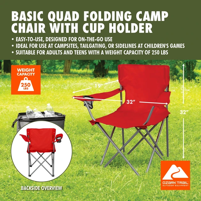 Alt view image 4 of 6 - Ozark Trail Quad Folding Camp Chair with Cup Holder, Bright Red