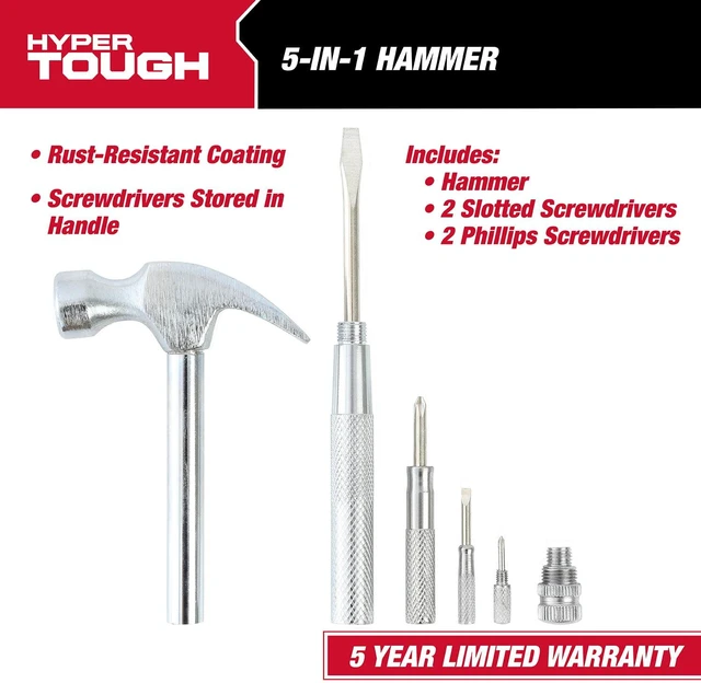 Alt view image 3 of 6 - Hyper Tough 5-in-1 Hammer and Screwdriver Set