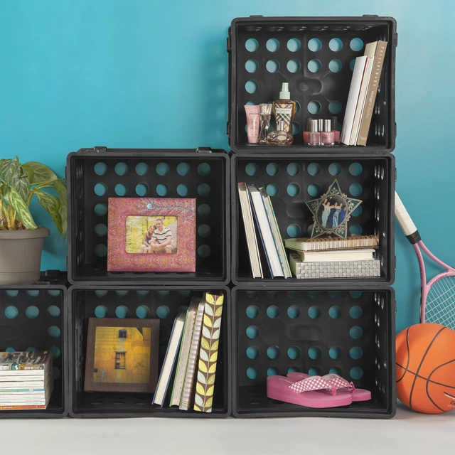 Alt view image 5 of 6 - Sterilite File Crate, Stackable Plastic Storage Bin with Through Handles, Fits Letter & Legal-Sized Hanging Files, Black