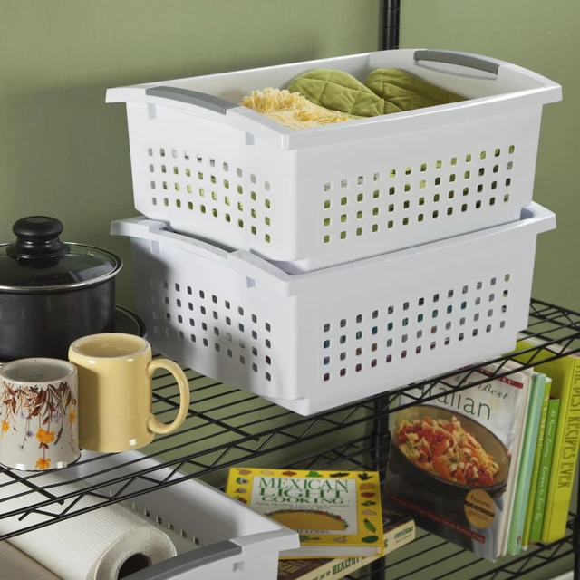 Alt view image 5 of 6 - Sterilite Large Stacking Basket Open Plastic Bin Space Saving Organizers White