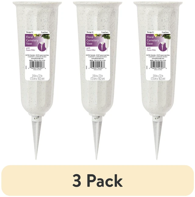 Main image of FloraCraft Plastic Cemetery Vase with Foam and Removable Spike, 2.9 x 7.2 Inch, Stone (3 Pack)