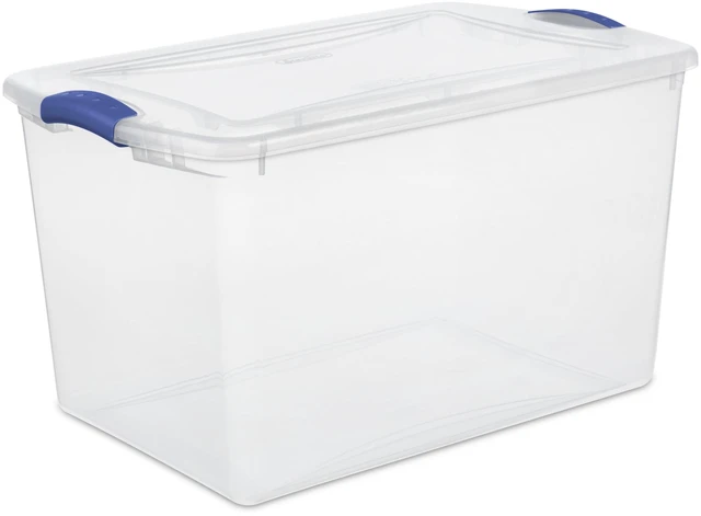 Main image of Sterilite 66 Quart Large Clear Plastic Latching Storage Bin with Latch Lid, Blue