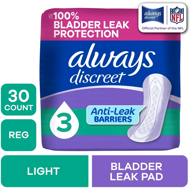 Main image of Always Discreet Incontinence Pads for Women, Light Absorbency, Regular Length, Postpartum, 30 Count