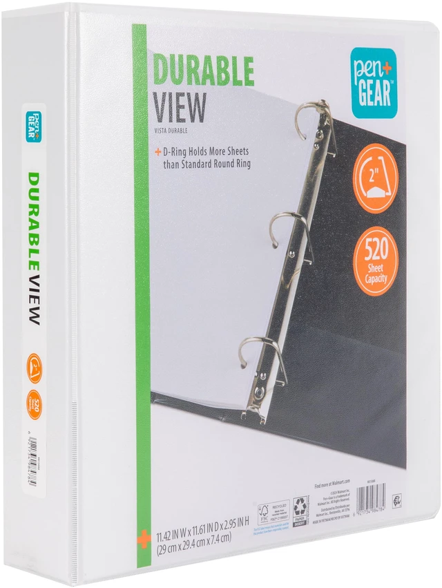 Alt view image 2 of 6 - Pen+Gear Durable View Binder, 2in Rings, 520-Sheet Capacity, White, 1 Count