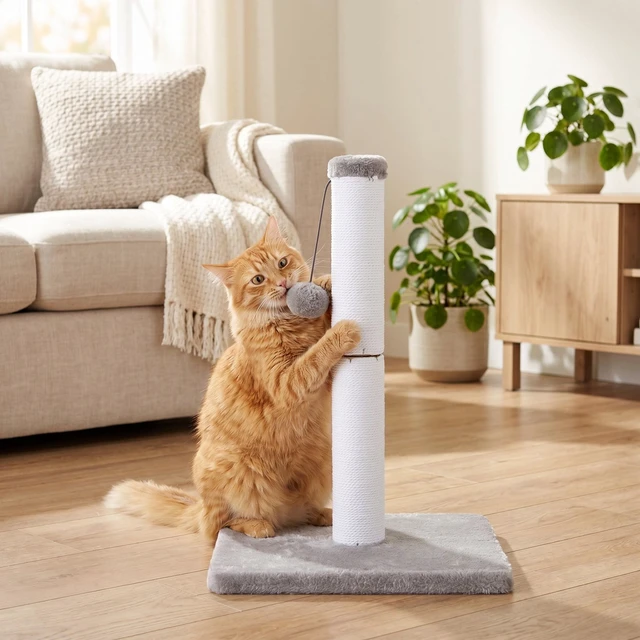 Alt view image 5 of 5 - Vibrant Life Cat Scratching Post with Cotton Rope and Dangling Ball, White and Gray