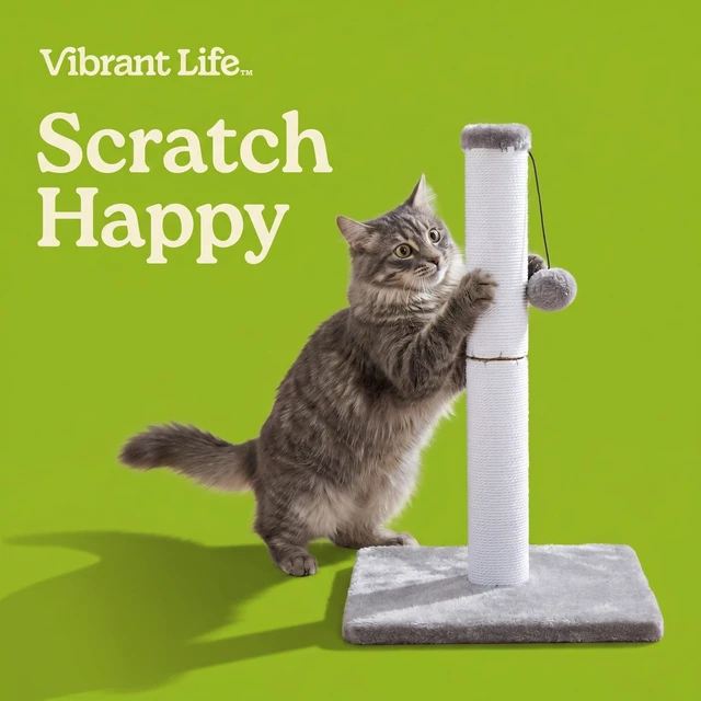 Alt view image 4 of 5 - Vibrant Life Cat Scratching Post with Cotton Rope and Dangling Ball, White and Gray