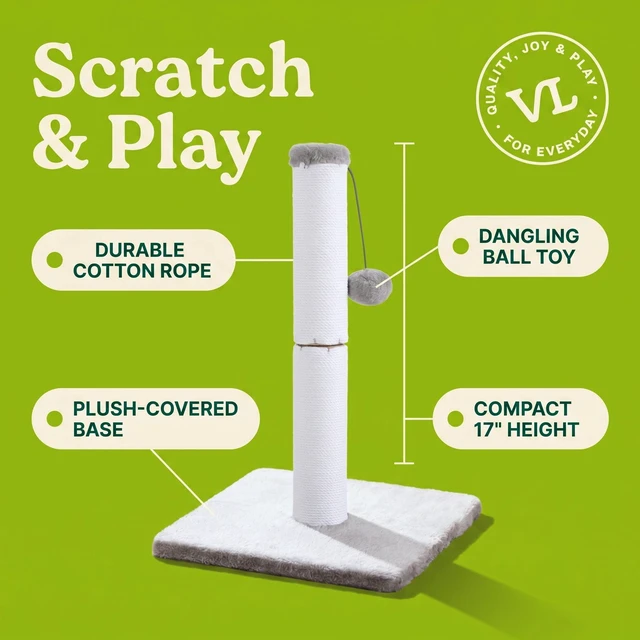 Alt view image 3 of 5 - Vibrant Life Cat Scratching Post with Cotton Rope and Dangling Ball, White and Gray