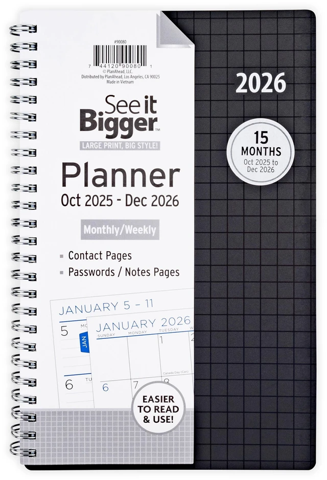 Main image of See it Bigger Medium Monthly Weekly Planner, 5.5 x 8.75 inches, Black, 15-Month (Oct 2025 - Dec 2026)