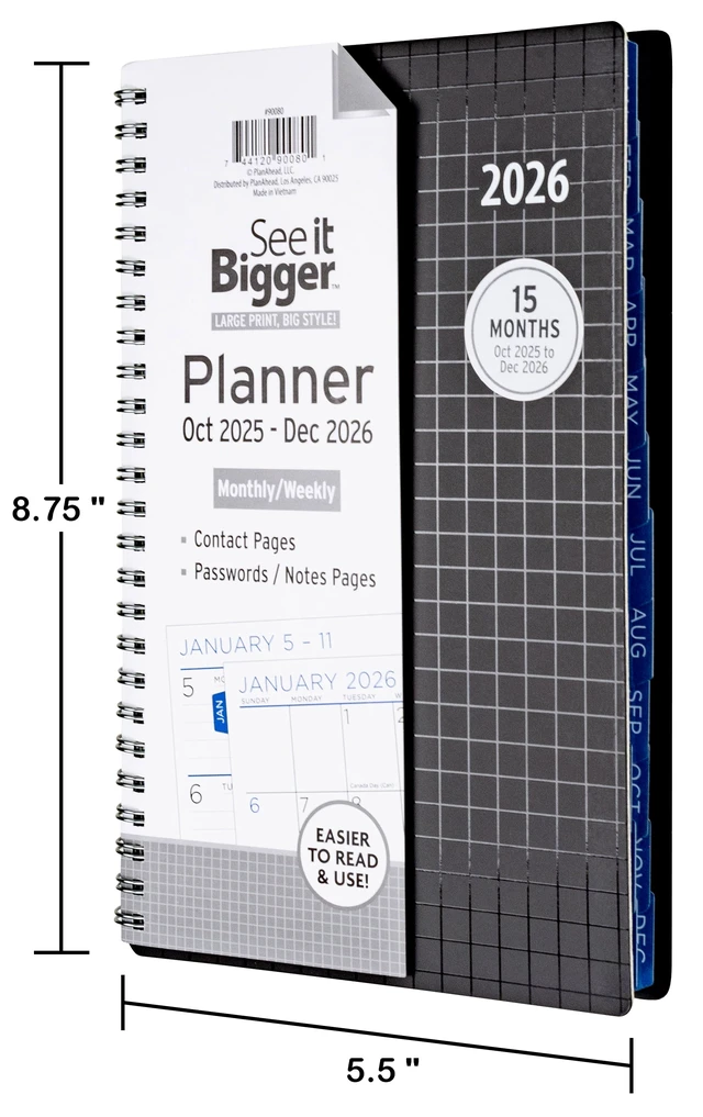Alt view image 4 of 7 - See it Bigger Medium Monthly Weekly Planner, 5.5 x 8.75 inches, Black, 15-Month (Oct 2025 - Dec 2026)