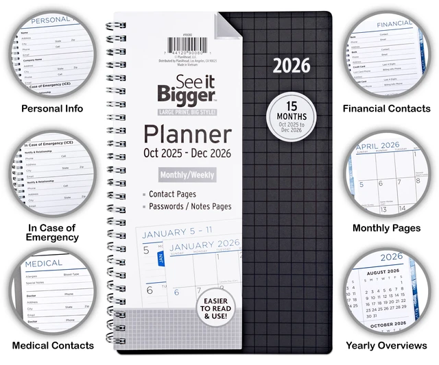 Alt view image 6 of 7 - See it Bigger Medium Monthly Weekly Planner, 5.5 x 8.75 inches, Black, 15-Month (Oct 2025 - Dec 2026)