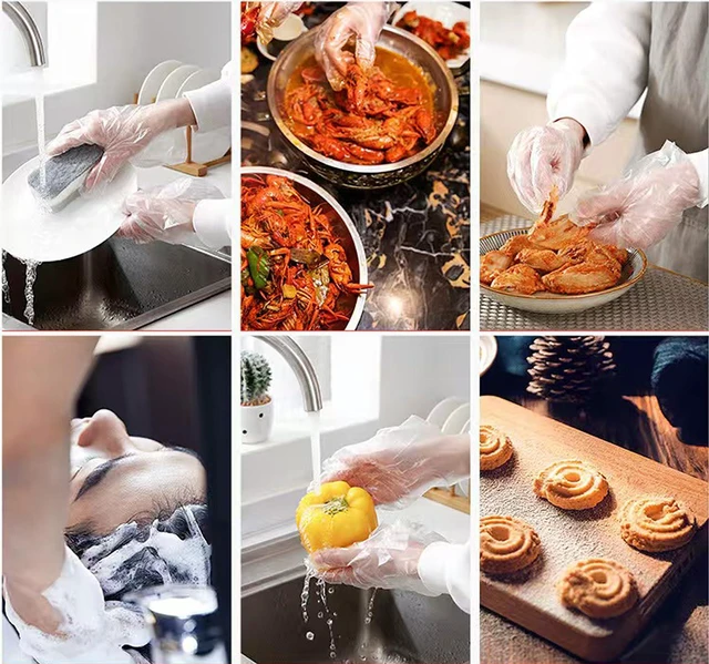Alt view image 5 of 6 - 400 Count Disposable Clear Poly Plastic Gloves, Food Safe, Latex-Free, Powder-Free, One Size Fits Most, for Cooking, Food Prep, Food Service, Cleaning, Household