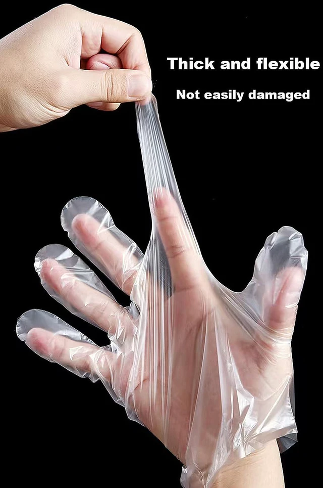 Alt view image 3 of 6 - 400 Count Disposable Clear Poly Plastic Gloves, Food Safe, Latex-Free, Powder-Free, One Size Fits Most, for Cooking, Food Prep, Food Service, Cleaning, Household