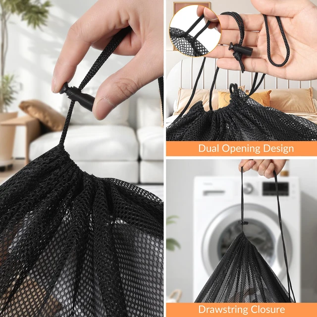 Alt view image 5 of 6 - 2 Pack Mesh Laundry Bags Large & Small Heavy Duty with Drawstring, for Travel College Dorms Sports Family, Black