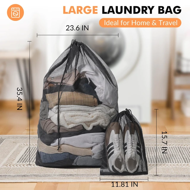 Alt view image 2 of 6 - 2 Pack Mesh Laundry Bags Large & Small Heavy Duty with Drawstring, for Travel College Dorms Sports Family, Black
