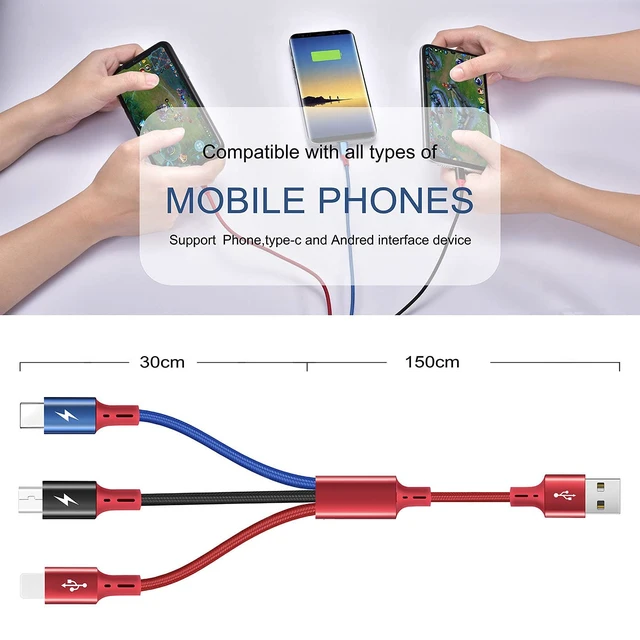 Alt view image 5 of 6 - 3Pack 5Ft 3-in-1 Braided Fast Charging Cable Type C/Micro USB for iPhone 17 16 15 14 13, Samsung, PS, Tablets & More