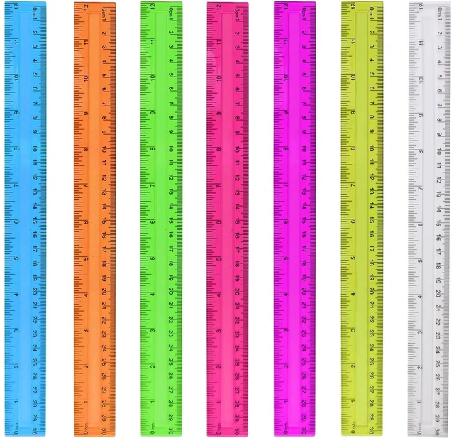 Main image of 7-Pack Clear Plastic Rulers, 12 Inch, Assorted Colors, for School Home Office