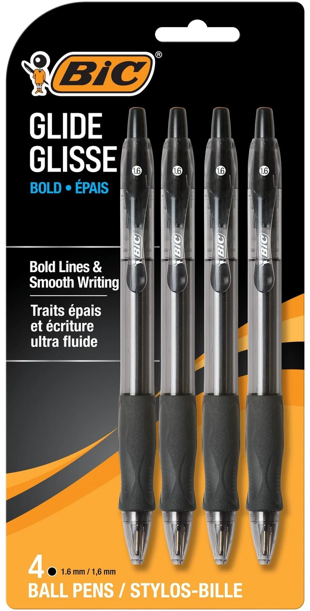 Main image of BIC Glide Bold Ballpoint Pens, Bold Point 1.6mm, Black, 4-Count Pack