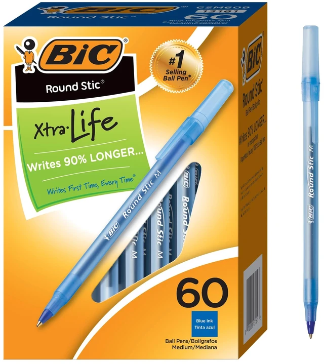 Main image of BIC Round Stic Xtra Life Ballpoint Pen, 1.0mm Medium Point, Blue, 60-Count