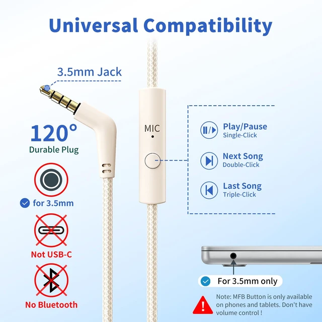 Alt view image 2 of 6 - 5mm Wired Headphones with Microphone, Corded, Beige